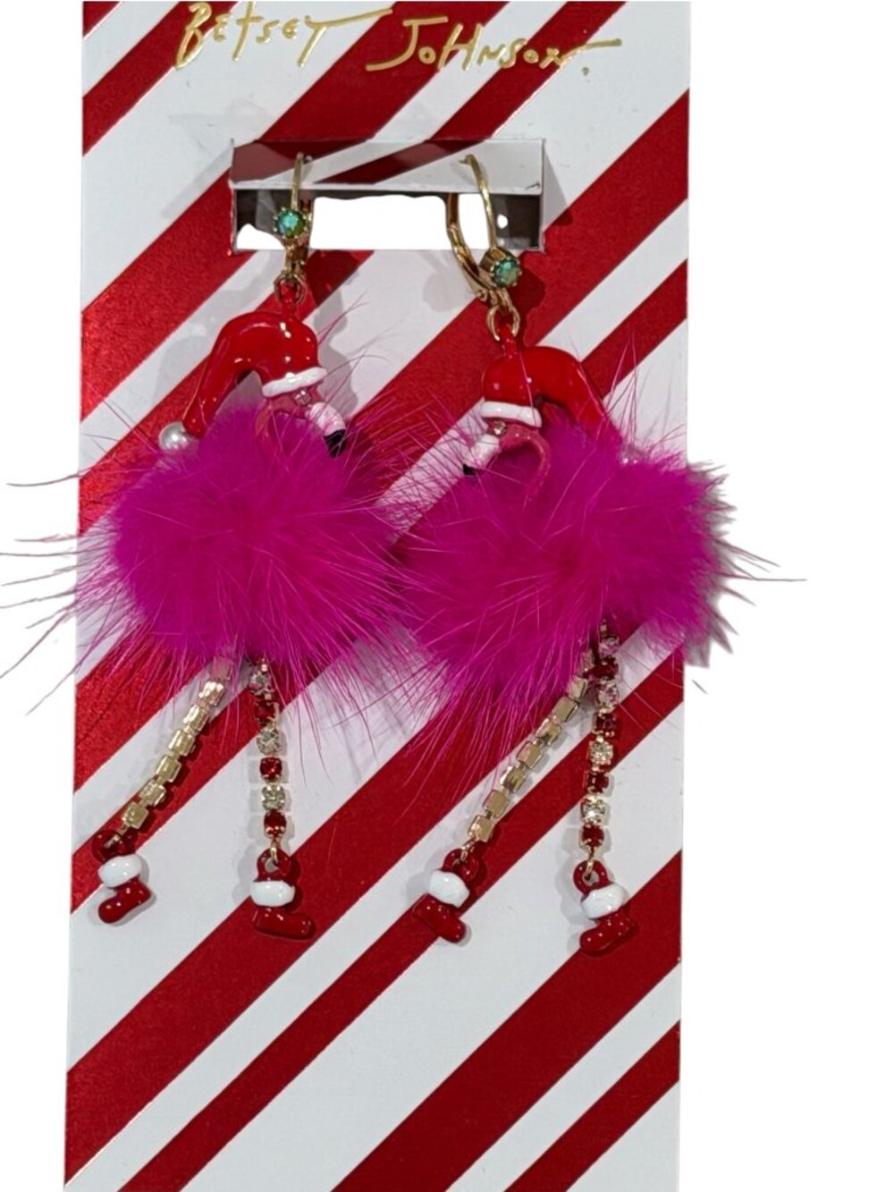 Betsey Johnson Fluffy Flamingo Santa Dangle Drop Earrings Christmas Holiday NWT